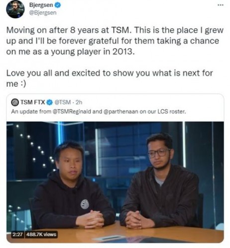 8年之久 比尔森宣布离开TSM：TSM与Bjergsen的故事是无与伦比的